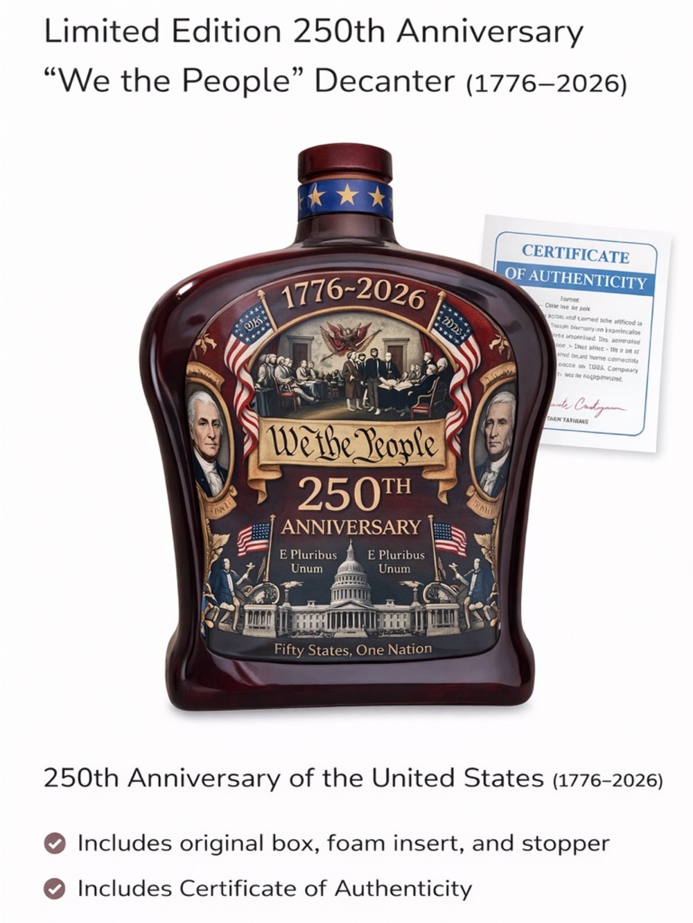 Limited Edition 250th Anniversary “We the People” Decanter (1776–2026)